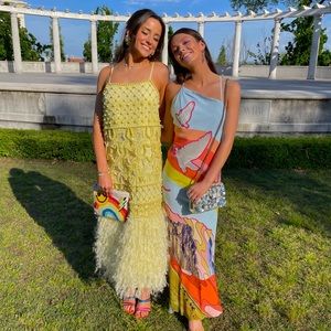 ASOS Pearl Embellished Cami Midi Dress with Feathers in Lemon